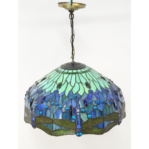 1703 - A Tiffany style pendant light with dragonfly and glass cabochon detail. Approx. 20