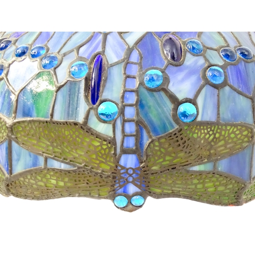 1703 - A Tiffany style pendant light with dragonfly and glass cabochon detail. Approx. 20