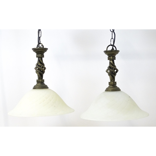 1708 - A pair of late 20thC pendant lights with frosted glass shades. Approx. 14