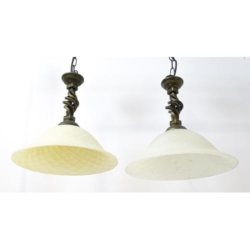 1708 - A pair of late 20thC pendant lights with frosted glass shades. Approx. 14