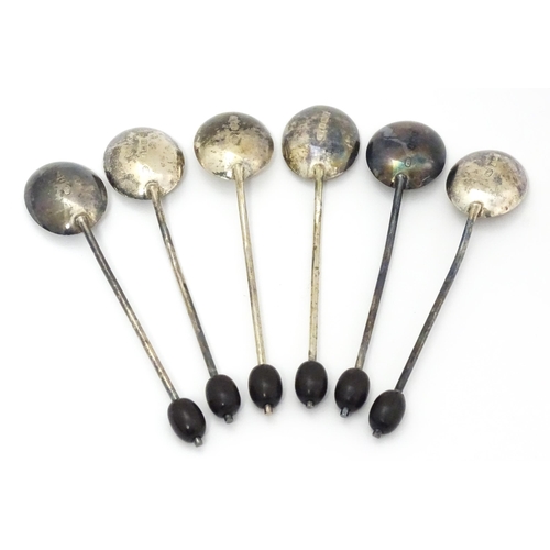 673 - A cased set of six silver coffee spoons with coffee bean finials, hallmarked Birmingham 1937, maker ... 