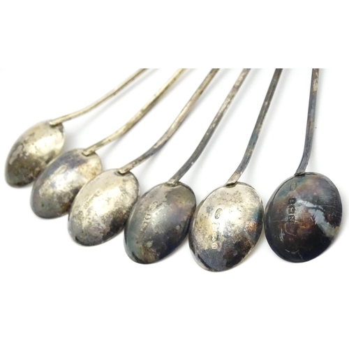 673 - A cased set of six silver coffee spoons with coffee bean finials, hallmarked Birmingham 1937, maker ... 