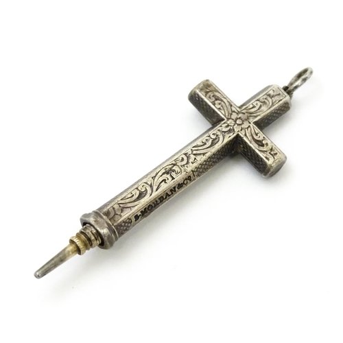 814 - A novelty white metal Sampson Mordan propelling pencil of pendant cross form with engraved decoratio... 