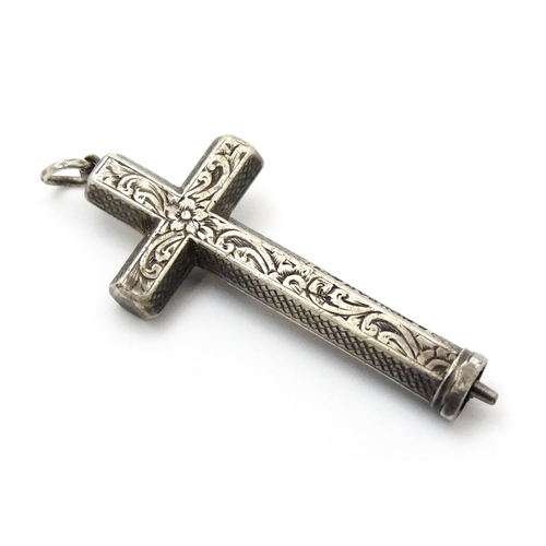 814 - A novelty white metal Sampson Mordan propelling pencil of pendant cross form with engraved decoratio... 