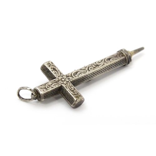 814 - A novelty white metal Sampson Mordan propelling pencil of pendant cross form with engraved decoratio... 