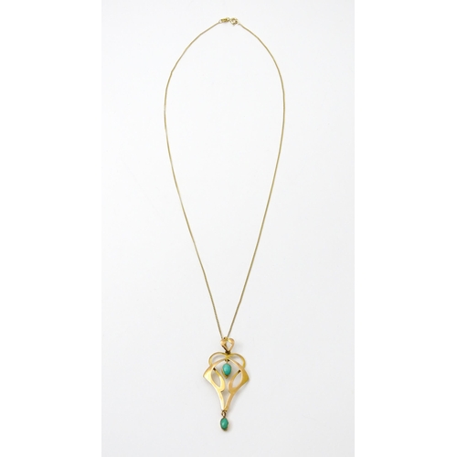 819 - An Art Nouveau 9ct gold pendant set with turquoise cabochon, with chain approx 19