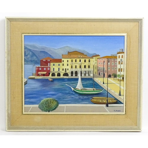 2036 - D. J. Rogers, 20th century, Oil on board, An Italian harbour scene with boats. Signed lower right. A... 