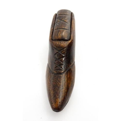 1373 - Treen : A 19thC shoe snuff box with sliding lid and incised decoration. Approx. 3 3/4