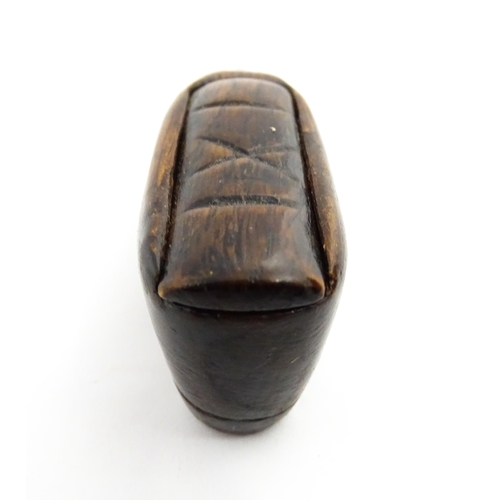 1373 - Treen : A 19thC shoe snuff box with sliding lid and incised decoration. Approx. 3 3/4