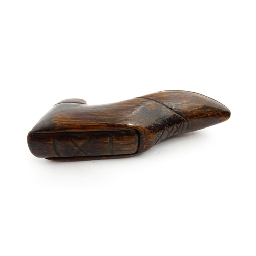 1373 - Treen : A 19thC shoe snuff box with sliding lid and incised decoration. Approx. 3 3/4