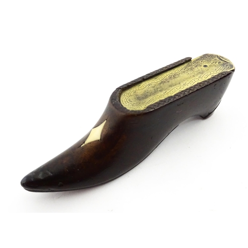 1374 - Treen : A 19thC shoe snuff box with brass sliding lid and inlaid lozenge detail. Approx. 3 3/4