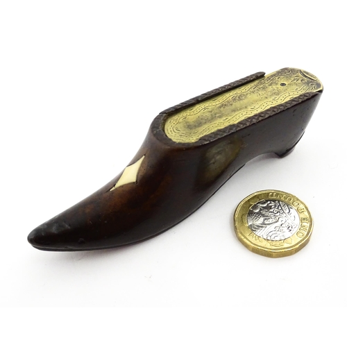 1374 - Treen : A 19thC shoe snuff box with brass sliding lid and inlaid lozenge detail. Approx. 3 3/4