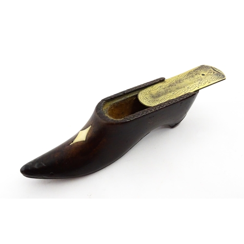 1374 - Treen : A 19thC shoe snuff box with brass sliding lid and inlaid lozenge detail. Approx. 3 3/4