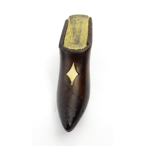 1374 - Treen : A 19thC shoe snuff box with brass sliding lid and inlaid lozenge detail. Approx. 3 3/4