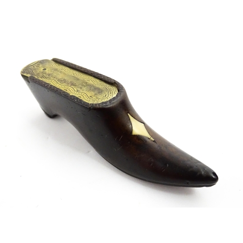 1374 - Treen : A 19thC shoe snuff box with brass sliding lid and inlaid lozenge detail. Approx. 3 3/4