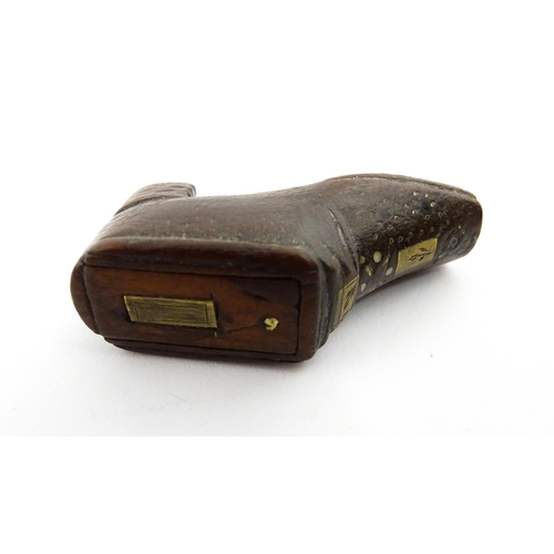 1375 - Treen : A small 19thC shoe snuff box with sliding lid and inlaid decoration. Approx. 2