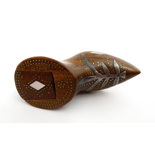 1376 - Treen : A 19thC shoe snuff box of unusual form with sliding lid, studwork decoration, inlaid mother ... 