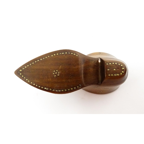 1376 - Treen : A 19thC shoe snuff box of unusual form with sliding lid, studwork decoration, inlaid mother ... 