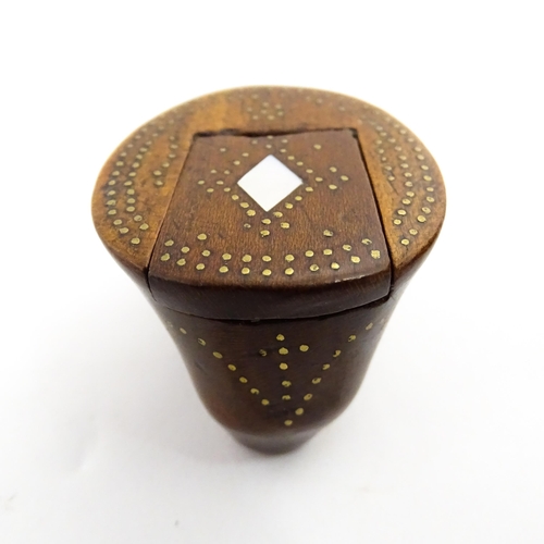 1376 - Treen : A 19thC shoe snuff box of unusual form with sliding lid, studwork decoration, inlaid mother ... 