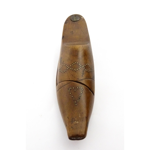 1377 - Treen : A 19thC shoe snuff box with pivoting lid and inlaid studwork decoration. Approx. 4