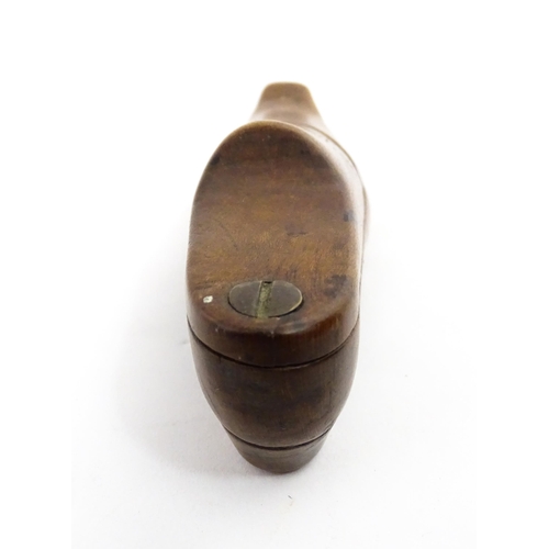 1377 - Treen : A 19thC shoe snuff box with pivoting lid and inlaid studwork decoration. Approx. 4