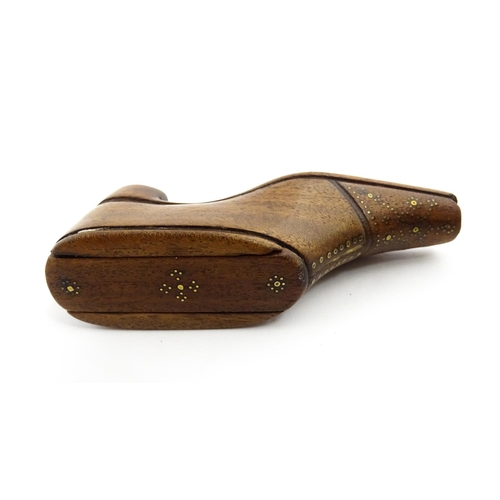 1378 - Treen : A 19thC shoe snuff box with sliding lid and inlaid brass studwork decoration. Approx. 4 1/2