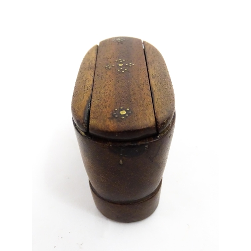 1378 - Treen : A 19thC shoe snuff box with sliding lid and inlaid brass studwork decoration. Approx. 4 1/2