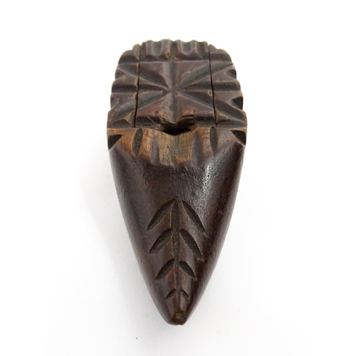 1379 - Treen : A 19thC Continental shoe snuff box with sliding lid and carved decoration. Approx. 3 1/4