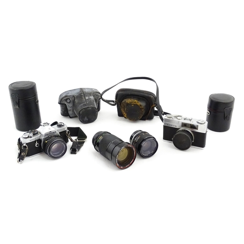 1400 - A quantity of cameras and lenses to include a Pentax Asahi MX 35mm SLR Camera, a Konica EE-Matic 35m... 