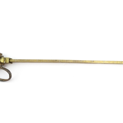 1402 - A 19thC brass beam weighing scale, with hook, loop and counterbalance, marked up to 150 ounces in di... 