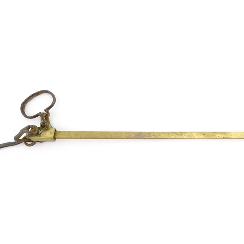 1402 - A 19thC brass beam weighing scale, with hook, loop and counterbalance, marked up to 150 ounces in di... 