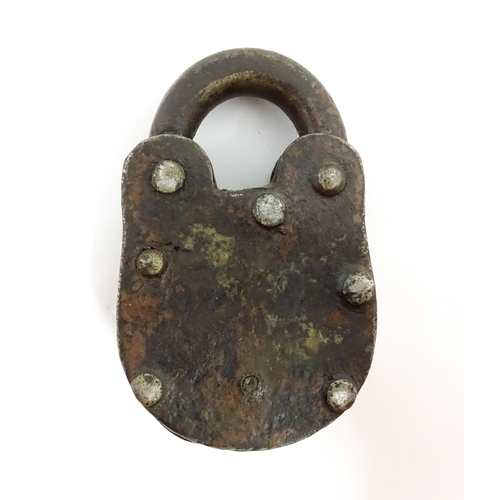 1408 - Three late 19th / early 20thC Indian padlocks comprising two with relief elephant detail and deity d... 