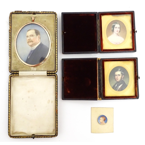 1415 - A pair of 19thC watercolour portrait miniatures depicting husband and wife, the gentleman wearing a ... 