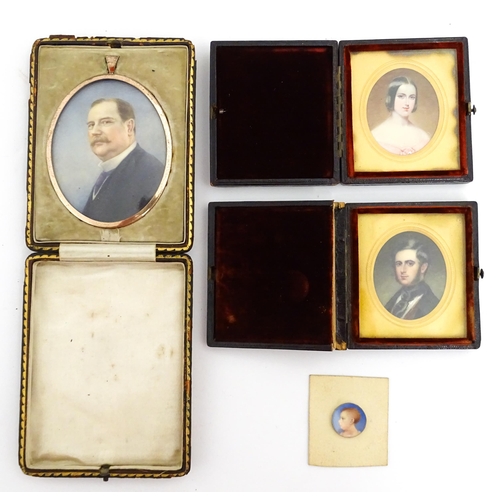 1415 - A pair of 19thC watercolour portrait miniatures depicting husband and wife, the gentleman wearing a ... 