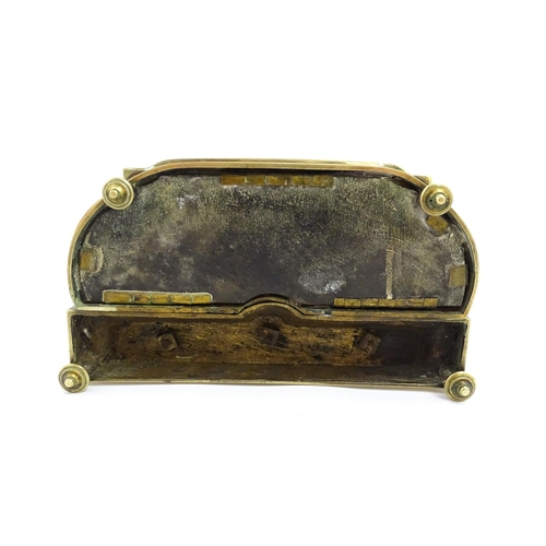 1428 - A French 19thC brass standish / inkstand, the central inkwell of urn form with champleve enamel deco... 