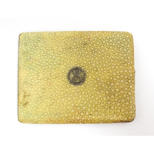 1438 - An Art Deco shagreen cigarette case, with marcasite S monogram to top. Approx. 4