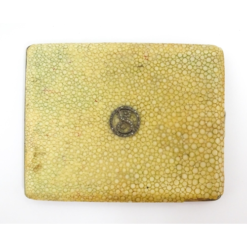 1438 - An Art Deco shagreen cigarette case, with marcasite S monogram to top. Approx. 4