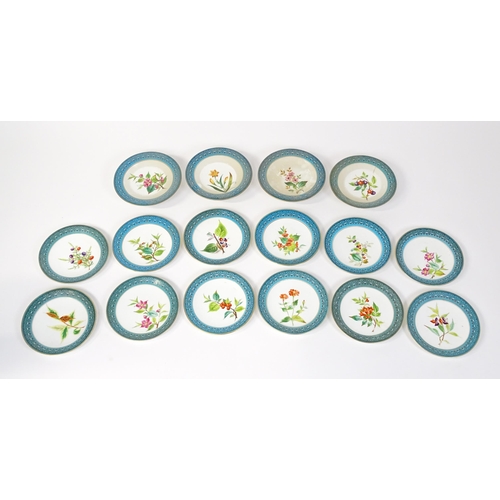 254 - A Royal Worcester part dessert service with hand painted decoration depicting flowers, foliage and b... 