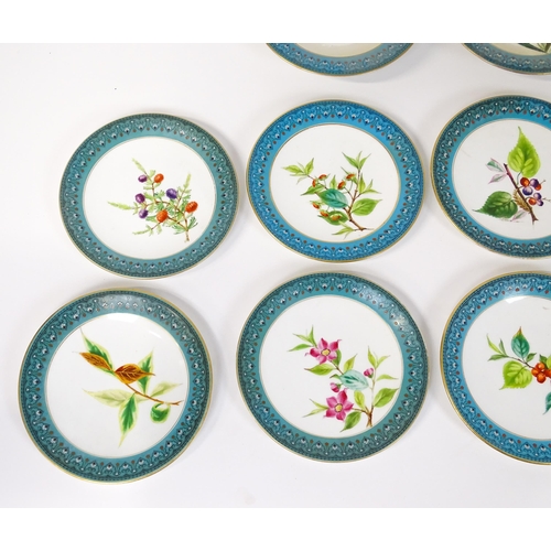 254 - A Royal Worcester part dessert service with hand painted decoration depicting flowers, foliage and b... 