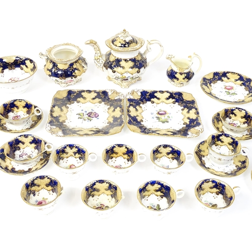 255 - A quantity of English 19thC tea wares with hand painted floral and foliate decoration and gilt highl... 