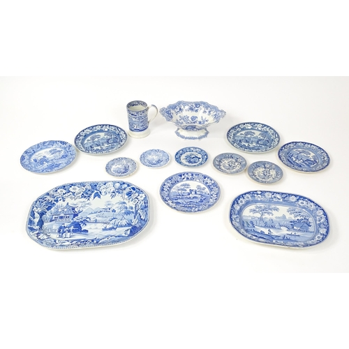 256 - A quantity of assorted 19thC and later blue and white dinner wares to include tankard, meat plates, ... 