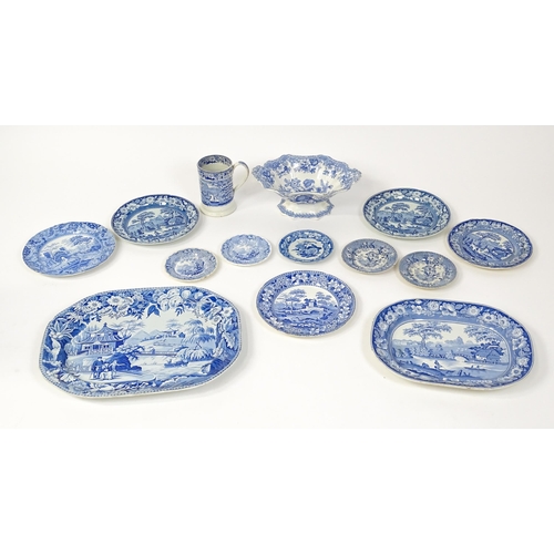 256 - A quantity of assorted 19thC and later blue and white dinner wares to include tankard, meat plates, ... 