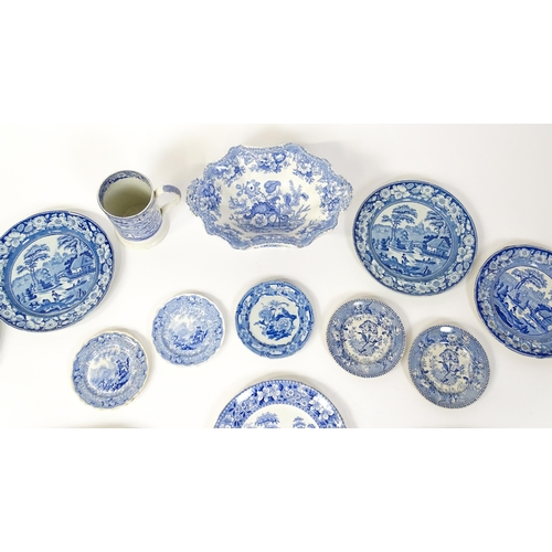 256 - A quantity of assorted 19thC and later blue and white dinner wares to include tankard, meat plates, ... 