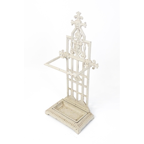 1475 - An Aesthetic Movement cast iron stick stand, decorated with goat's mask, rose and beading, in grey p... 