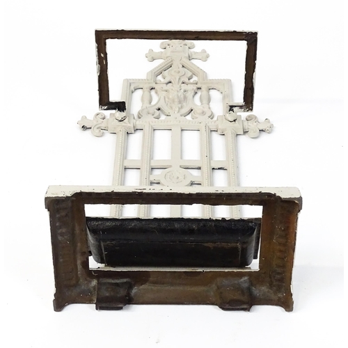 1475 - An Aesthetic Movement cast iron stick stand, decorated with goat's mask, rose and beading, in grey p... 