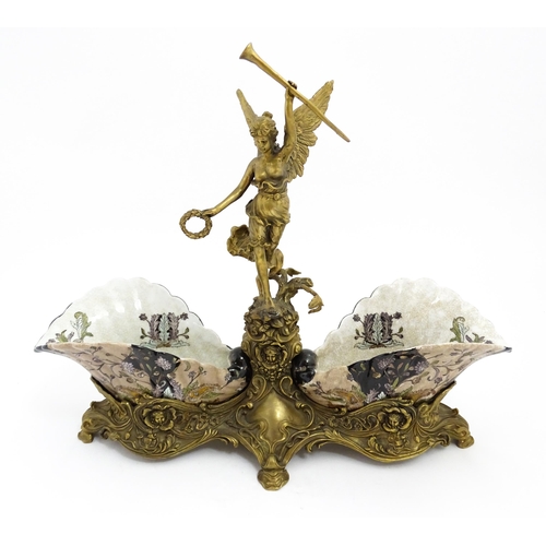 1492 - A Continental Art Nouveau centrepiece with cast bronze base and central Victory figure flanked by ce... 