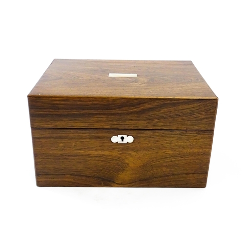 1511 - A Victorian rosewood work box with inlaid mother of pearl escutcheon detail, opening to reveal a fit... 