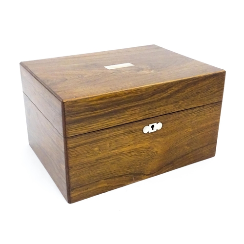 1511 - A Victorian rosewood work box with inlaid mother of pearl escutcheon detail, opening to reveal a fit... 