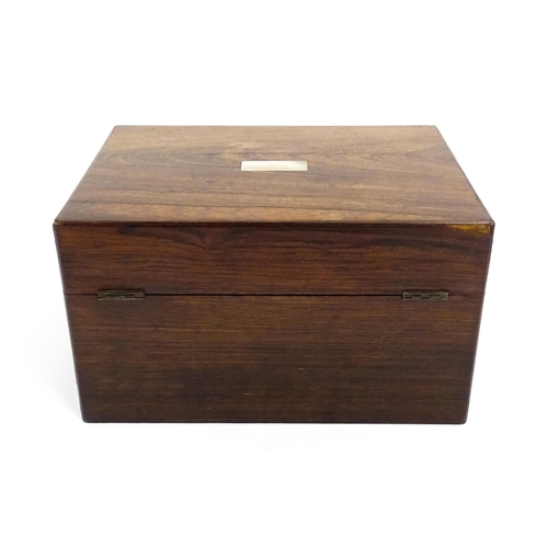 1511 - A Victorian rosewood work box with inlaid mother of pearl escutcheon detail, opening to reveal a fit... 