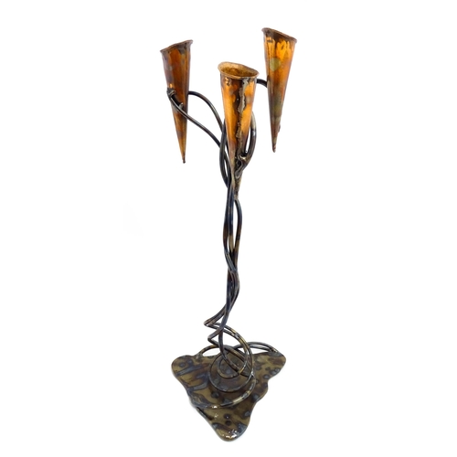 1514 - A 20thC Cornish Art Nouveau style centrepiece / candle holder by Paul Hoskin with three copper branc... 